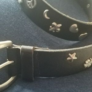 39" long black leather embellished belt.